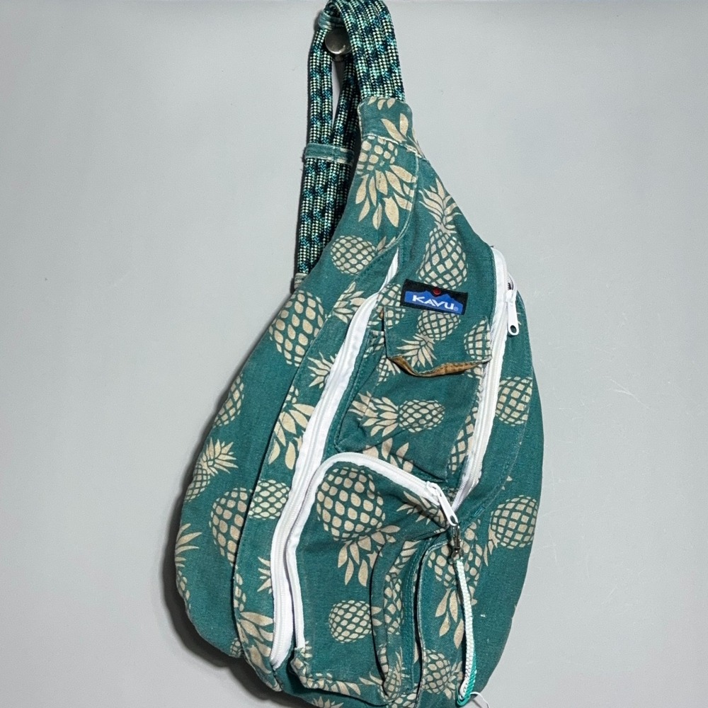 KAVU‎ Rope Sling Bag Womens Size Medium Cotton Pineapple Teal Tropical Gorpcore